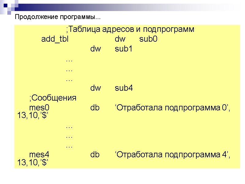 Продолжение программы...   ;Таблица адресов и подпрограмм  add_tbl  dw sub0 